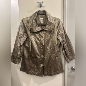 Chico’s Jacket 0 Gold Metallic Rain Coat Gold Dots Collared Buttons